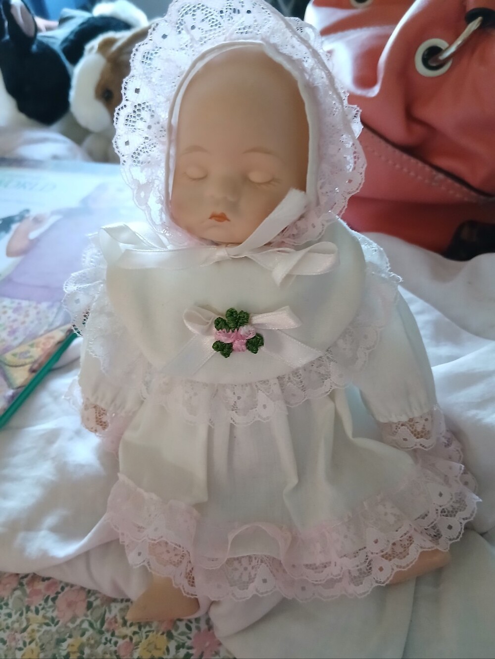 Vintage 6" Porcelain Baby doll Figurine, Pink lace outfit with matching bonnet
